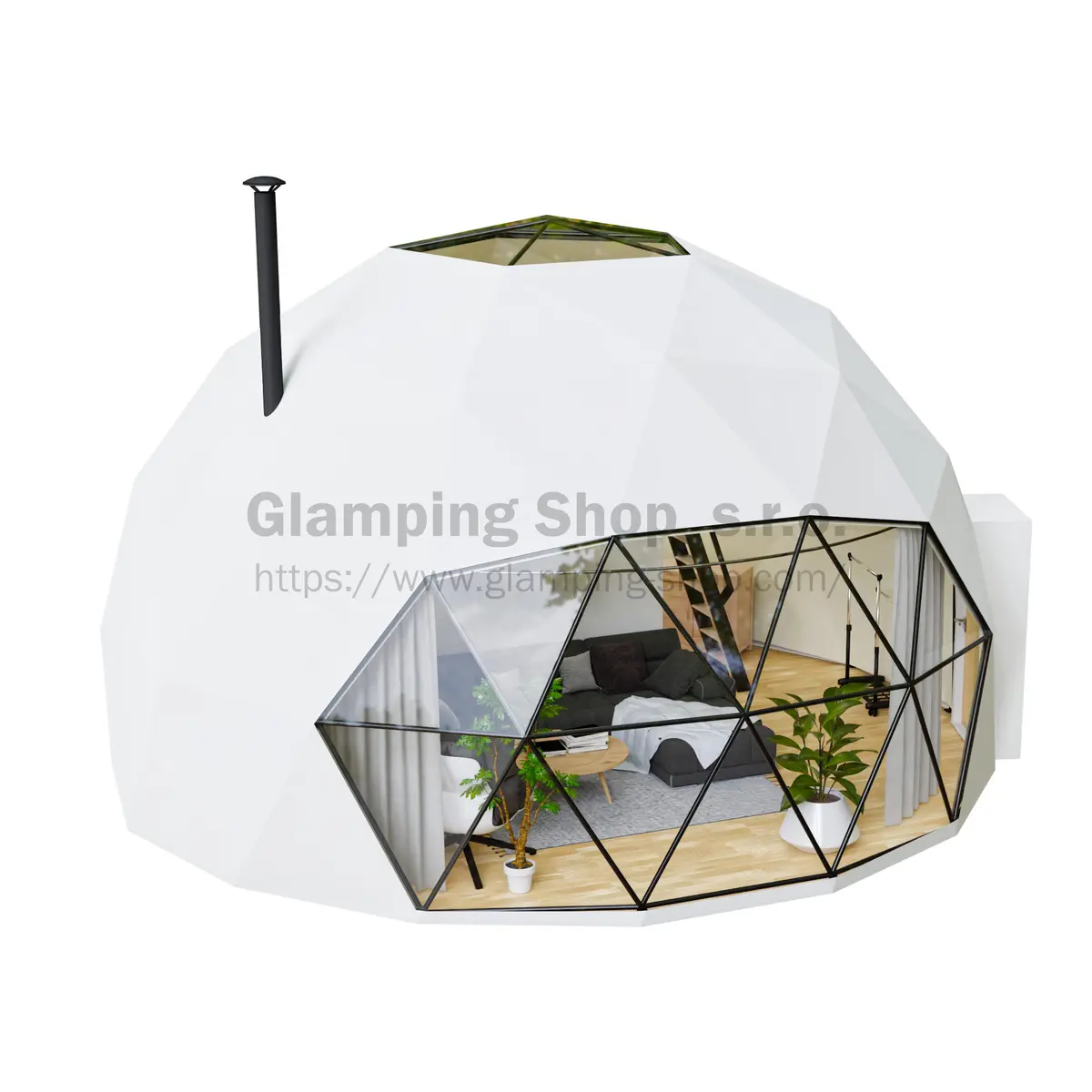 Glampingový stan LOFT 38,4 m² s patrem — boční pohled